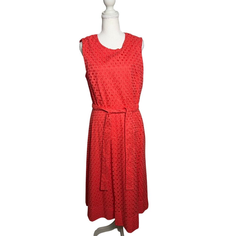 Natori Red Eyelet Cotton Belted Midi Dress Size 12 Sleeveless